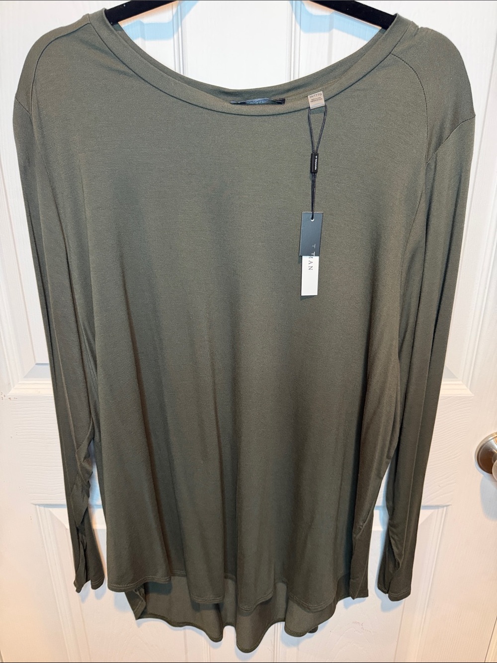 T Tahari Long-Sleeve Crew Neck Shirt - Olive Green
